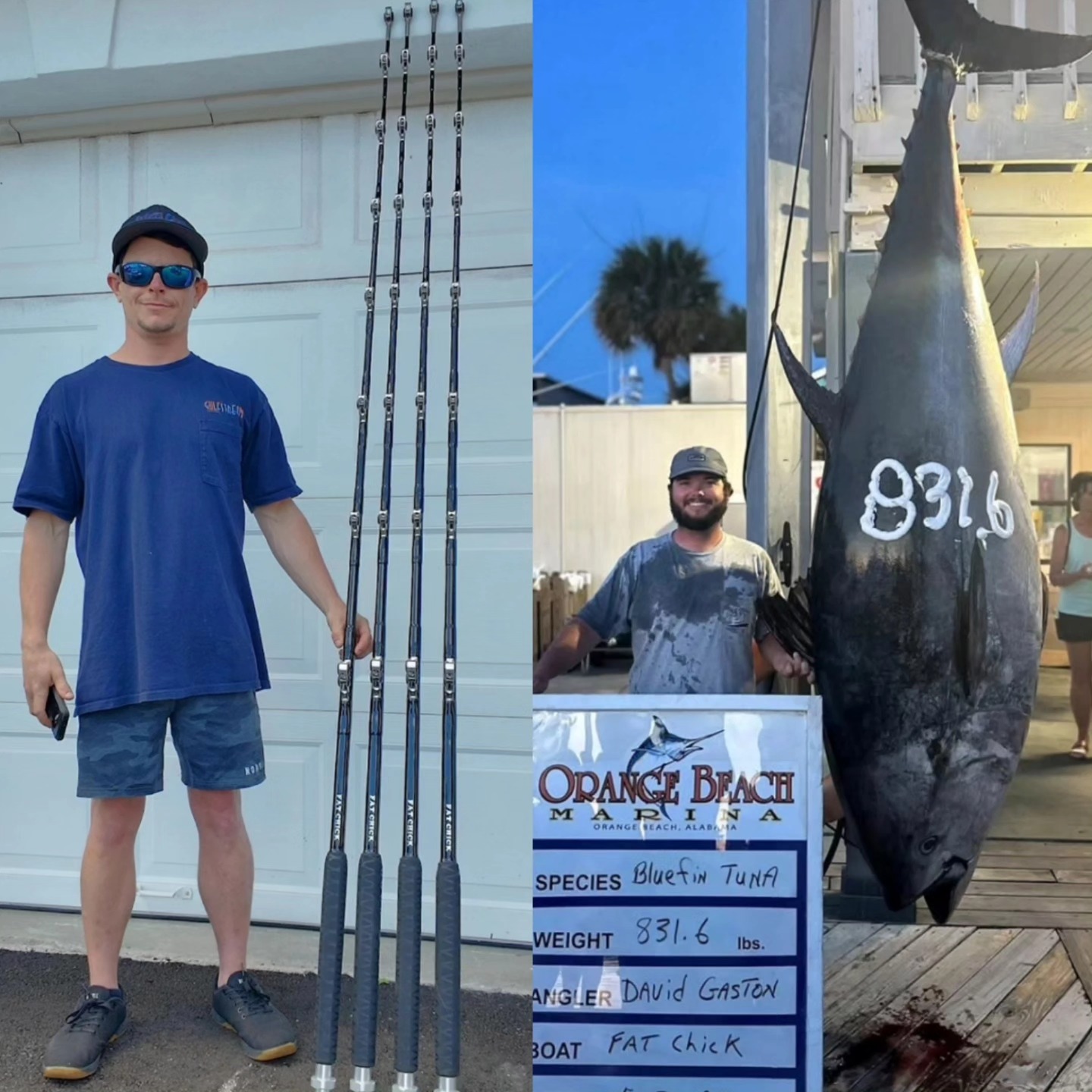 Gulfstream rods beside an 831.6 lb bluefin tuna