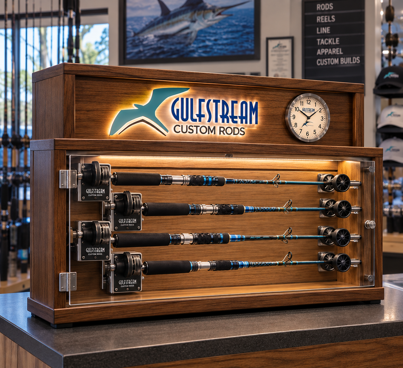 Concept of a Gulfstream-branded wall display case with four rods and a backlit logo