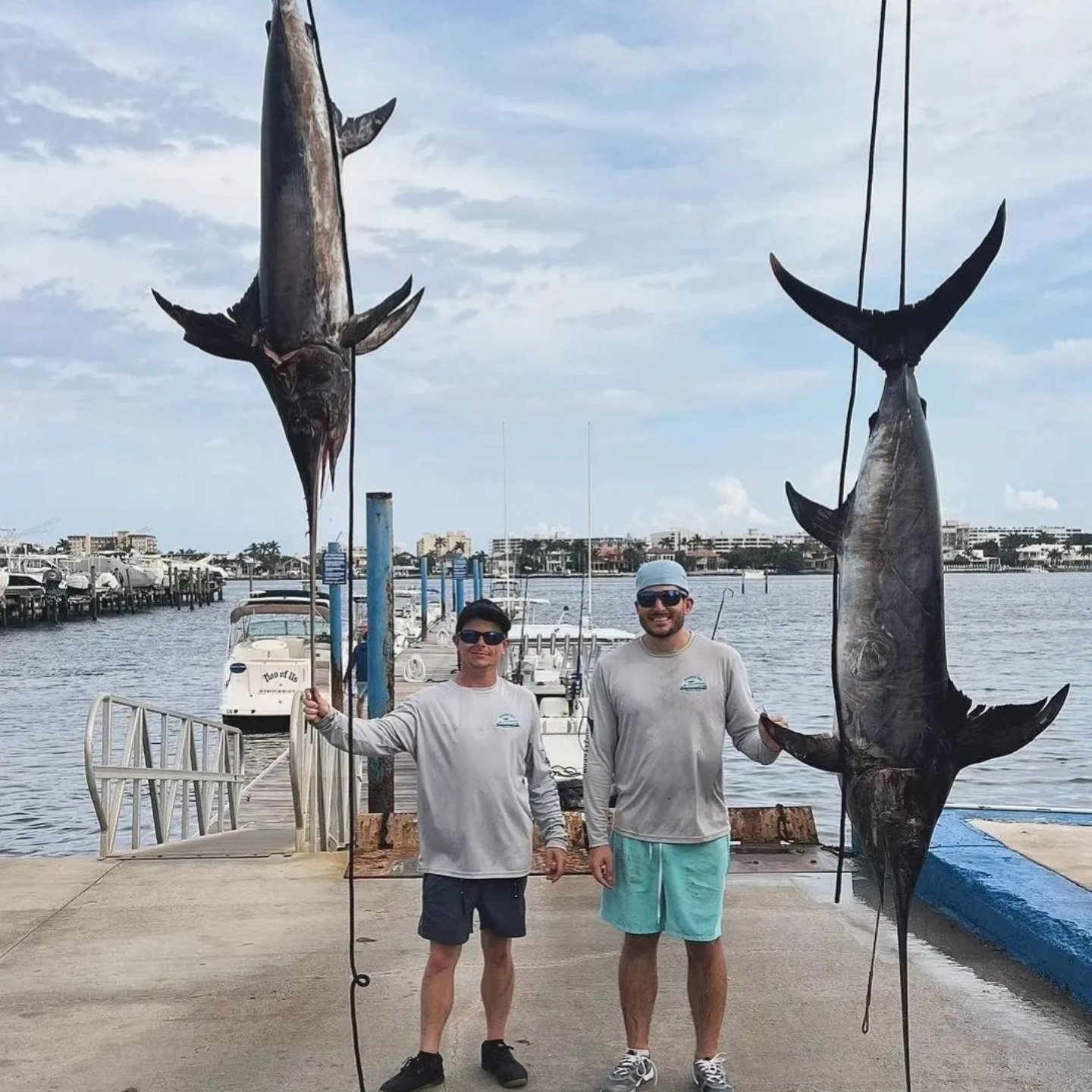 Two swordfish at the dock after a guided trip
