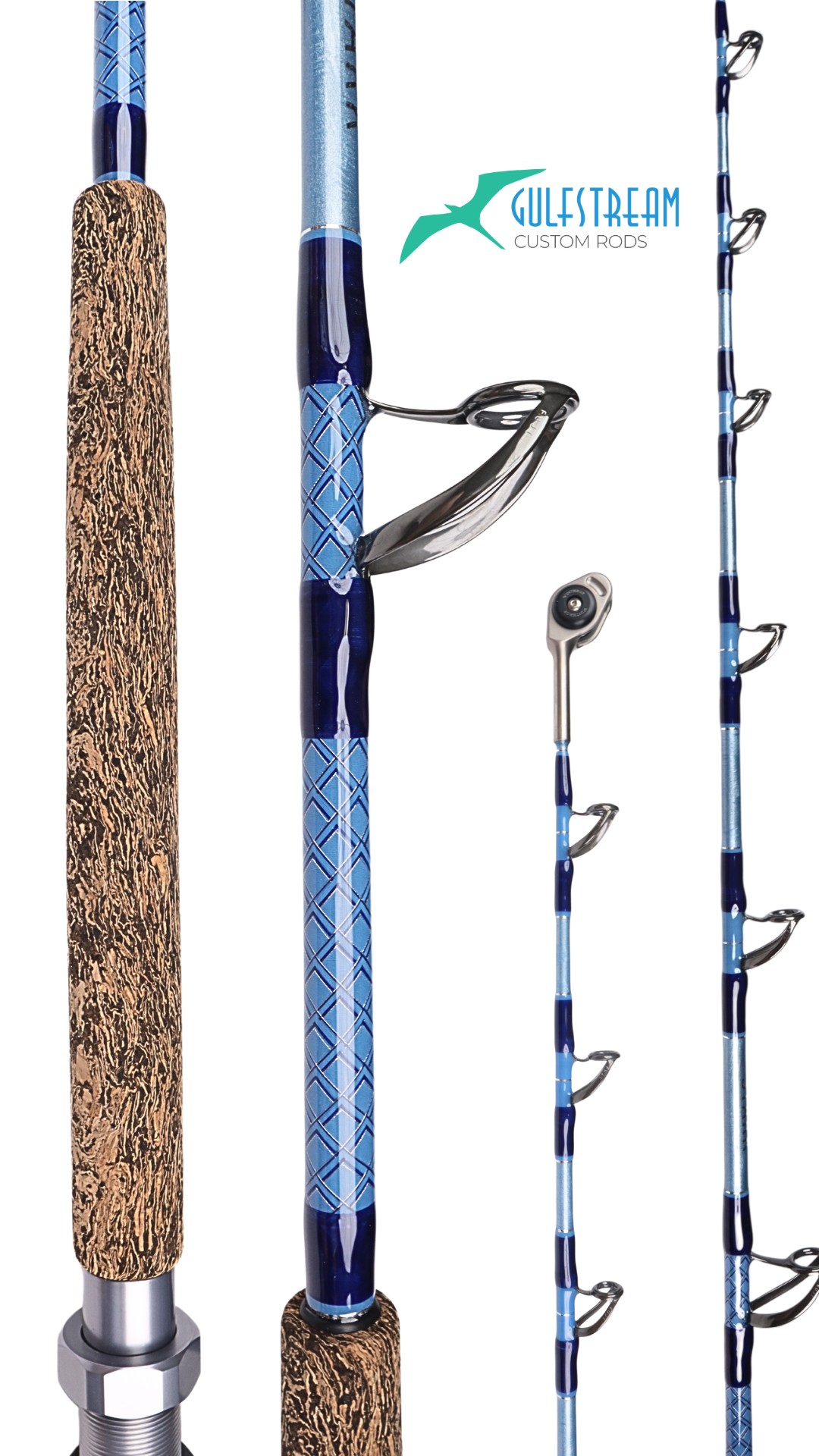 Custom rod with shaped cork grip and blue diamond wraps