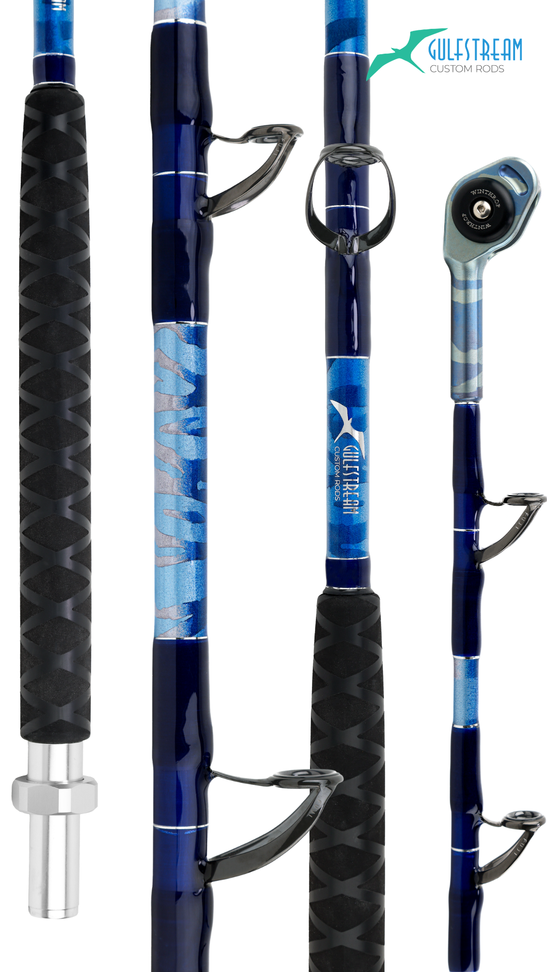 Blue camouflage custom rod with black grip and roller guides